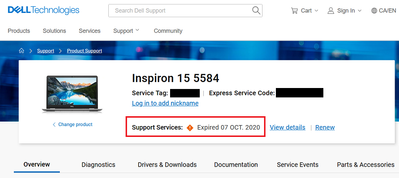 Dell Inspiron 5584 Support Page Warrany Expired 25 Mar 2022.png