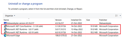 Win 10 Pro v21H2 Control Panel Programs and Features MS NET Runtimes Installed 27 Oct 2022.png