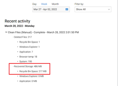 SupportAssist v3_10_4 History Tab 277 MB Cleaned From Recycle Bin After Clean Files Scan 28 Mar 2022.png