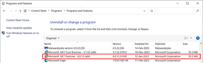 Win 10 Pro v22H2 Control Panel MS NET Runtimes Installed 18 Feb 2023.png