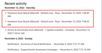 Dell SupportAssist v3_12_3 History Duplicate Entries for Hardware Scans 12 Nov 2022.png