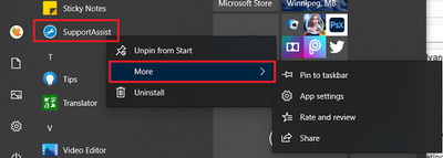 Win 10 Pro v21H2 Start Menu SupportAssist Start Options No Open File Location 27 Aug 2022.png