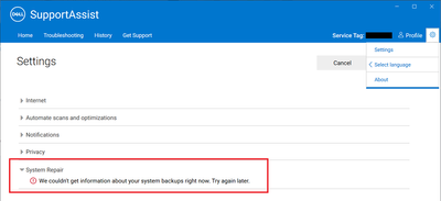 Dell SupportAssist v3_12_3 Settings System Repair Status Not Available When Service Disabled 17 Oct 2022.png
