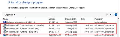 Win 10 Pro v21H2 Control Panel Three Versions of NET Core Runtime as of 29 Aug 2022.png