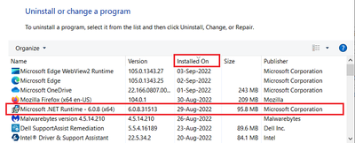 Win 10 Pro v21H2 Control Panel NET Core Runtime v6_0_8 Installed 29 Aug 2022.png