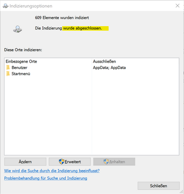 Win10 Dateiindizierung