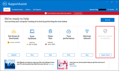 Dell SupportAssist v3_12_3  Home Tab Malware Scan Disabled 27 Nov 2022.png