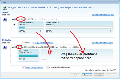 To convert a disk from MBR to GPT during clone (copy)