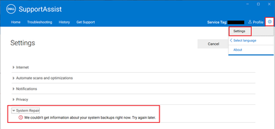 Dell SupportAssist v3_13_2 Settings System Repair Status Not Available When Service Disabled 20 Feb 2023.png