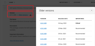 Dell Update WUA v4_7_1 Previous v4_7_0 Not Listed as Older Version 24 Nov 2022.png