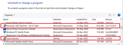 Win 10 Pro v21H2 Control Panel Programs NET Runtime v5_0_17 and Fusion Service 2_0_58 12 Jul 2022.png