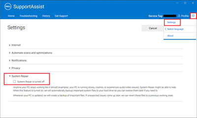 SupportAssist v3_11_4 Settings System Repair Off 11 Jul 2022.png