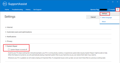 SupportAssist v3_10_4 Settings System Repair Still Off 20 Nov 2021.png