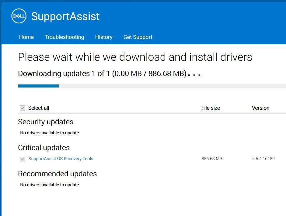 SupportAssist OS Recovery Tools können nicht unter Verwendung von  SupportAssist installiert werden